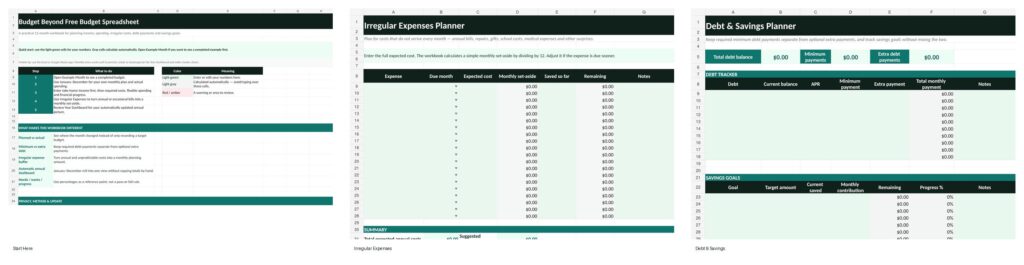 Budget Beyond budget spreadsheet previews showing Start Here, Irregular Expenses, and Debt and Savings sheets
