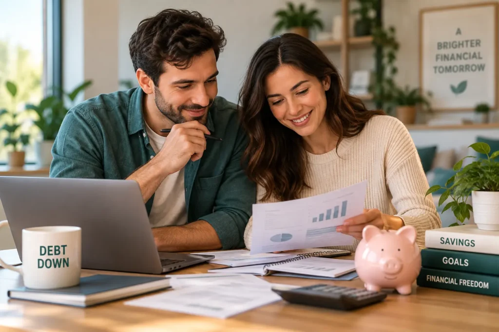 Couple comparing whether to save money or pay off debt first